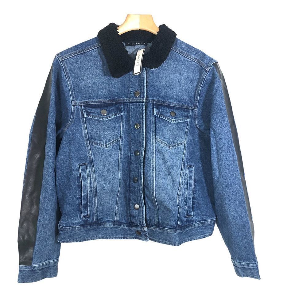 Soncy Women's PLUS SZ 5 (28) Teddy Collar Jean Jacket Decorative Stripe